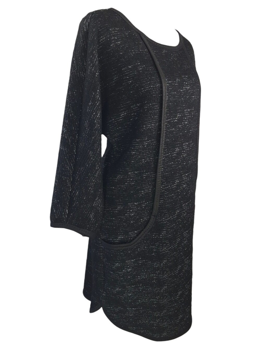 Max Edition Black Shift Dress Faux Leather Trim Pockets Long Sleeves Knit Medium - Picture 2 of 8